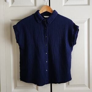 Kaktus Women's Navy Blue Gauzy Cap Sleeve Top Size LG Dark Academia 100% Cotton